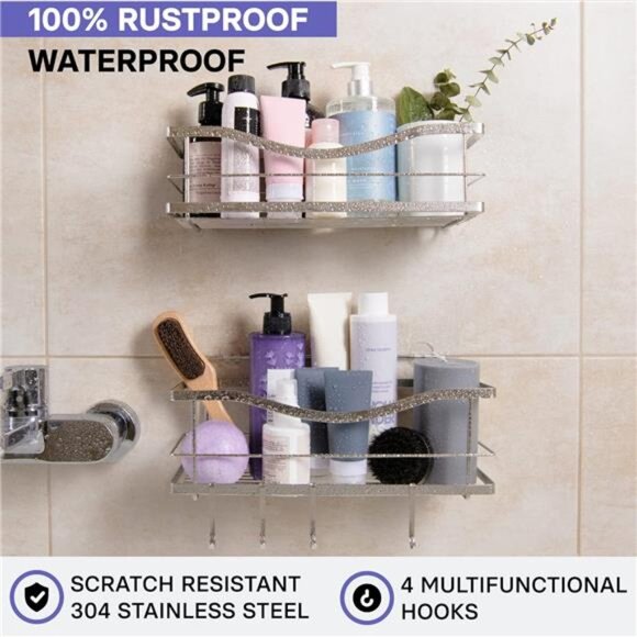 Premium Shower Caddy, Self Adhesive Wall Organizer, 2-Pack No Drill - Picture 4 of 7